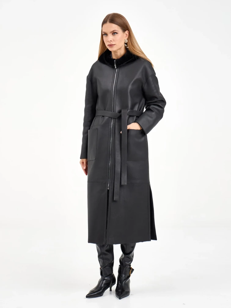 Длинная женская дубленка с капюшоном 2071, черная, размер 50, артикул 65060-7