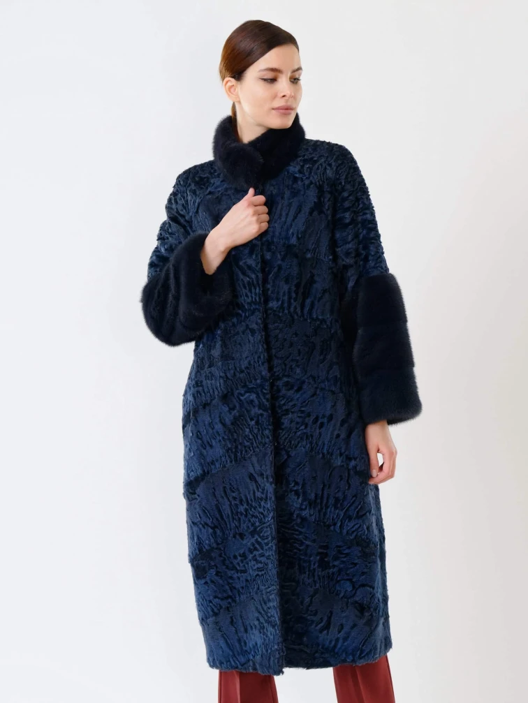 Женская шуба из меха каракуля с мехом норки 17101д(сн), синяя, размер 44, артикул 22580-0