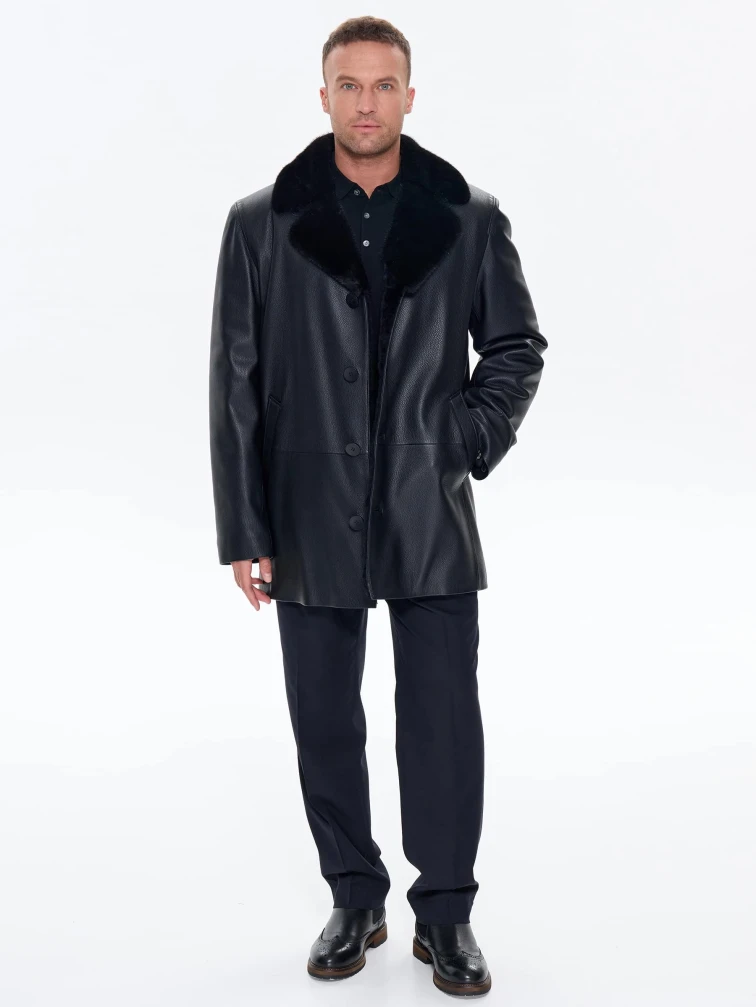 Зимняя кожаная куртка с норковым воротником для мужчин премиум класса 21/1мех, черная, размер 50, артикул 41170-2