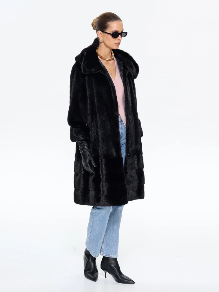 Длинная норковая женская шуба с капюшоном М-102- 664, черная, размер 56, артикул 65360-6