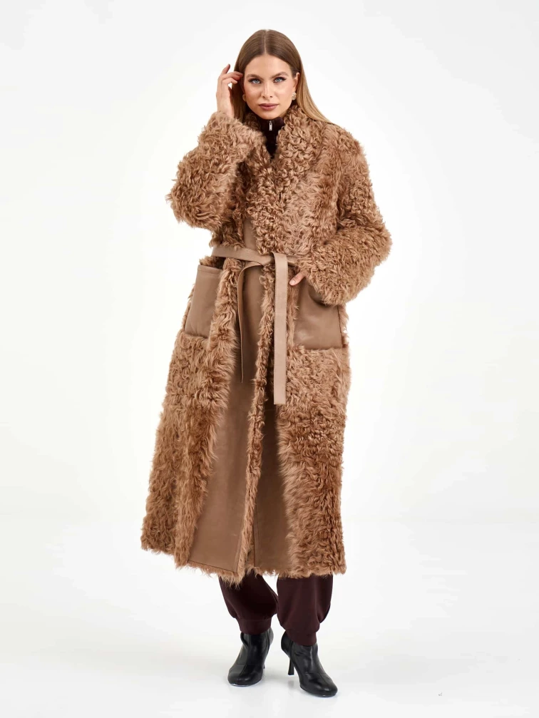 Длинная дубленка из натуральной овчины тиградо для женщин премиум класса 2020, светло-коричневая, размер 42, артикул 62470-1
