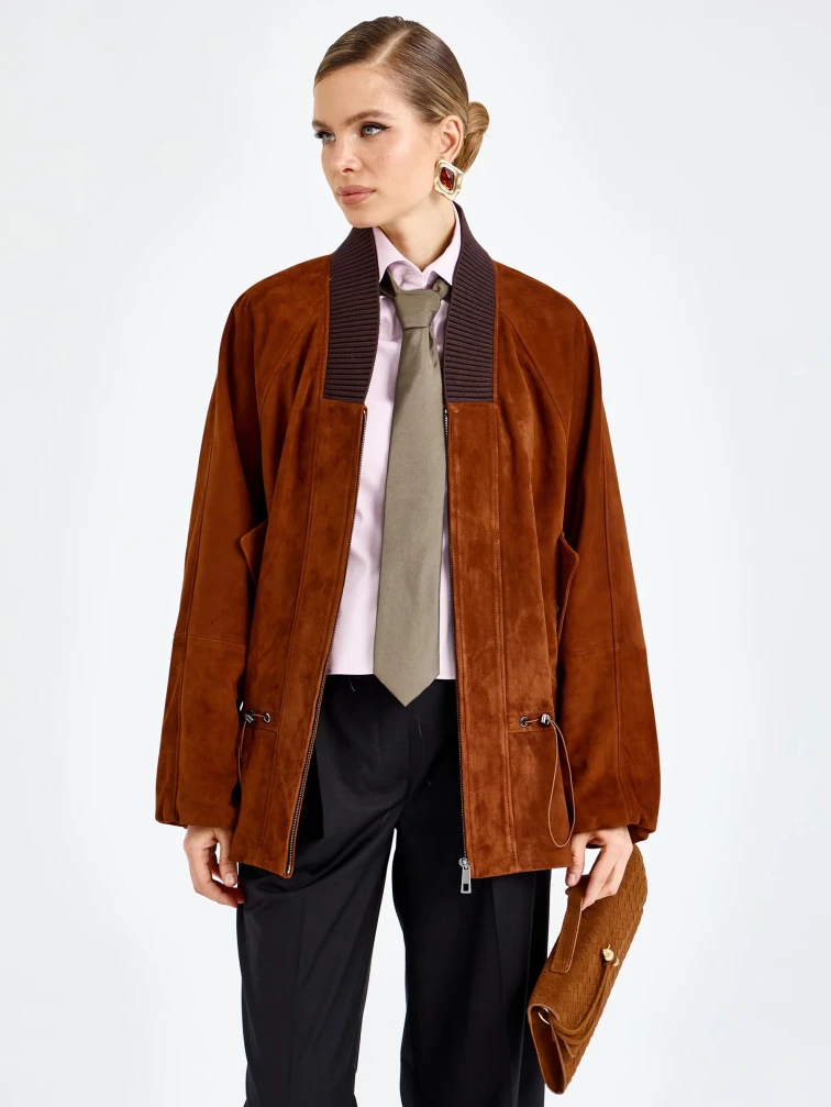 Женская замшевая куртка оверсайз премиум класса 3115з, виски, размер 48, артикул 92440-7