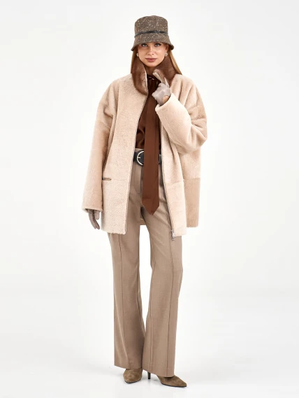 Белая дубленка из астрагана с норкой 59мех, размер 54, артикул 65130-2