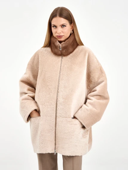 Белая дубленка из астрагана с норкой 59мех, размер 54, артикул 65130-5