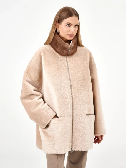 Белая дубленка из астрагана с норкой 59мех, размер 54, артикул 65130-6