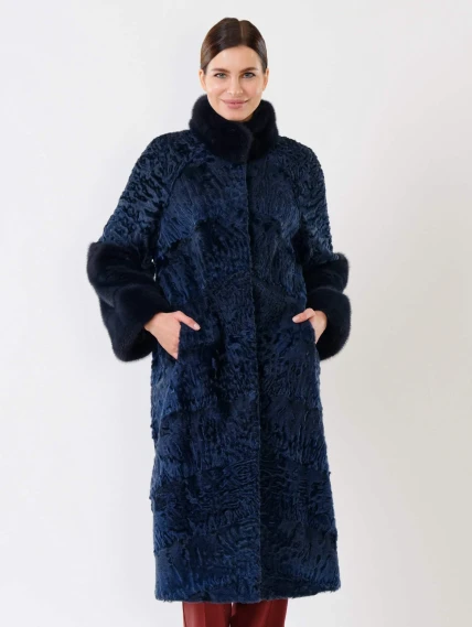 Женская шуба из меха каракуля с мехом норки 17101д(сн), синяя, размер 44, артикул 22580-4
