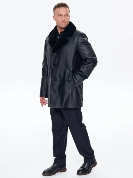 Зимняя кожаная куртка с норковым воротником для мужчин премиум класса 21/1мех, черная, размер 50, артикул 41170-1