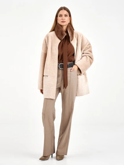 Белая дубленка из астрагана с норкой 59мех, размер 54, артикул 65130-7