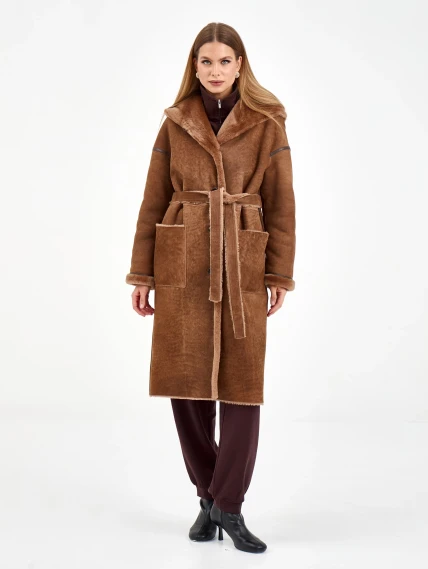Длинная женская дубленка с капюшоном 2079, коричневая, размер 44, артикул 65120-4