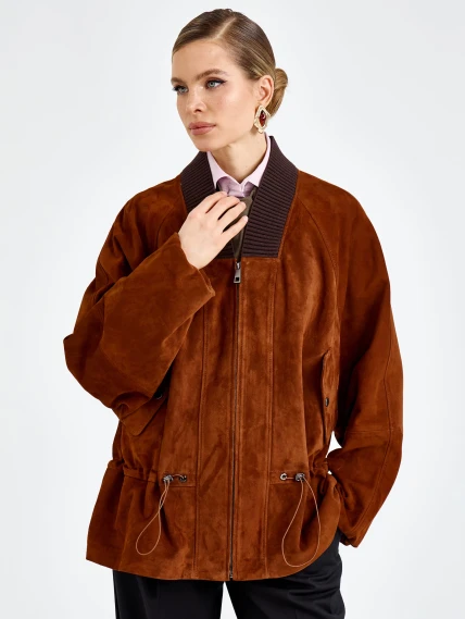 Женская замшевая куртка оверсайз премиум класса 3115з, виски, размер 48, артикул 92440-3