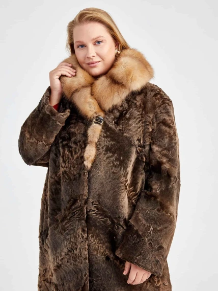 Шуба женская из меха каракуля с мехом куницы Екатерина(вк), коричневая сур, размер 54, артикул  22740-0