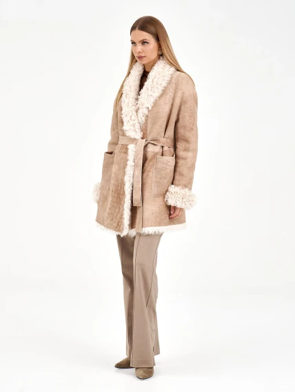 Короткая женская дубленка из тиградо 2078, бежевая, размер 44, артикул 65270-1