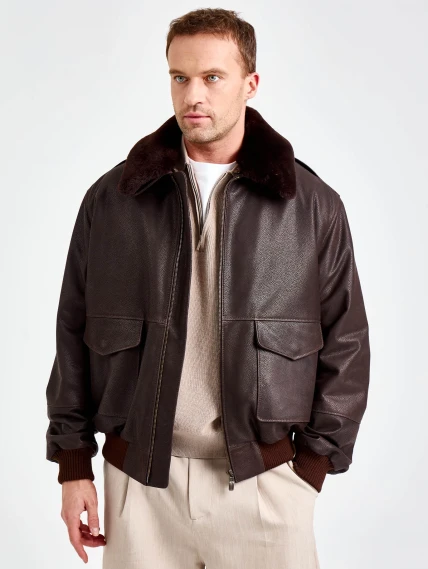 Мужская кожаная куртка пилот премиум класса 548, коричневая, размер 50, артикул 29860-4