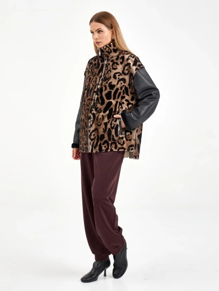 Короткая комбинированная женская дубленка 2076, коричневая, размер 46, артикул 65100-7