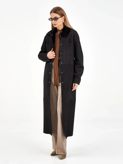 Длинная замшевая женская дубленка 2086, черная, размер 44, артикул 64980-7