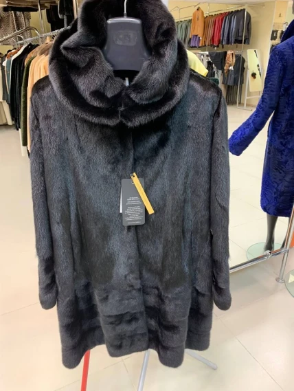 Длинная норковая женская шуба с капюшоном М-102- 664, черная, размер 56, артикул 65360-0