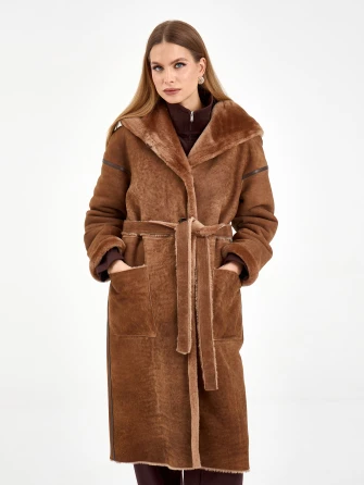 Длинная женская дубленка с капюшоном 2079-0