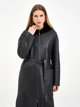 Длинная женская дубленка с капюшоном 2071-1