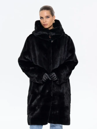 Длинная норковая женская шуба с капюшоном М-102- 664-0